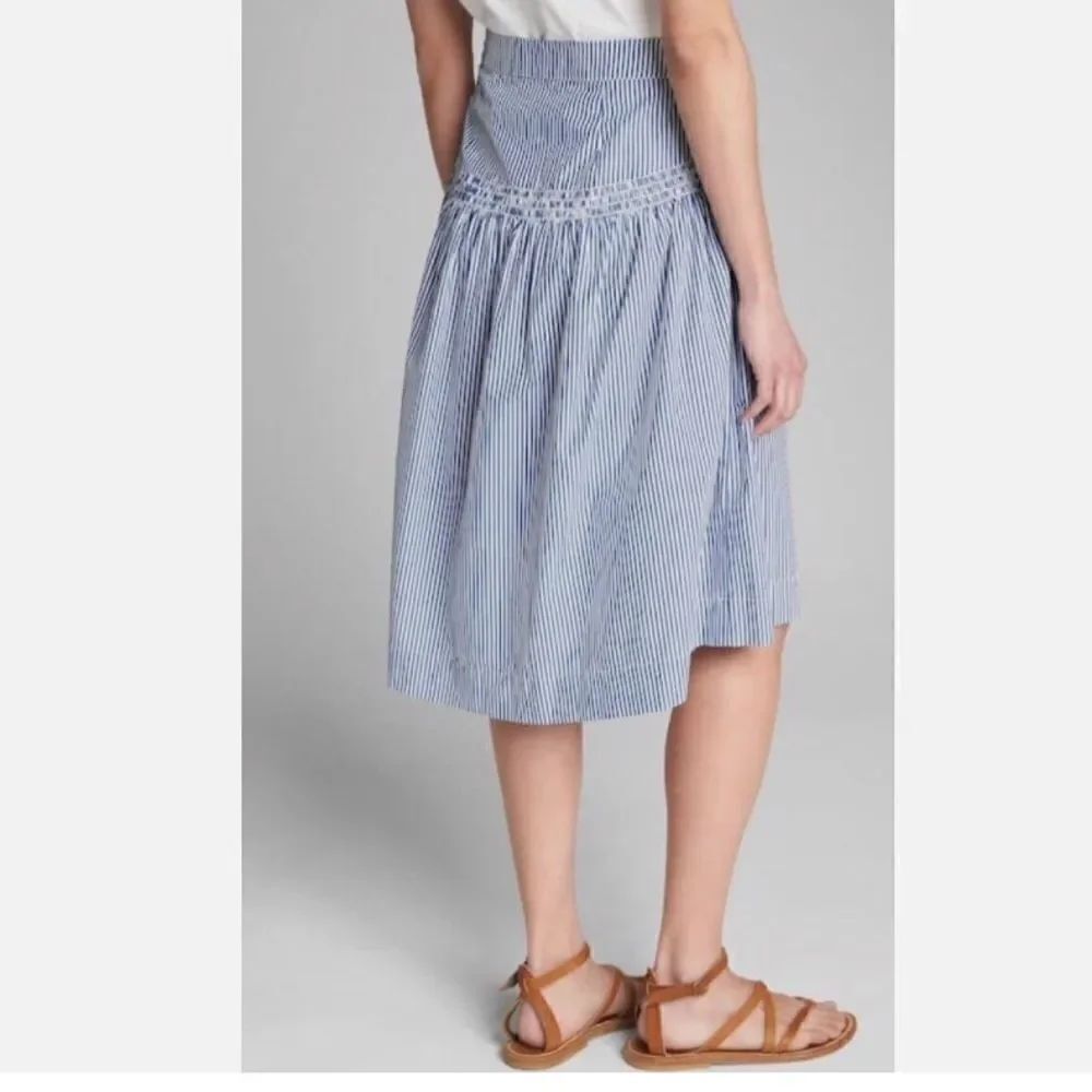 Gap Blue White Pinstripe Smock Waist Nautical Cotton Midi Skirt - Picture 2 of 16